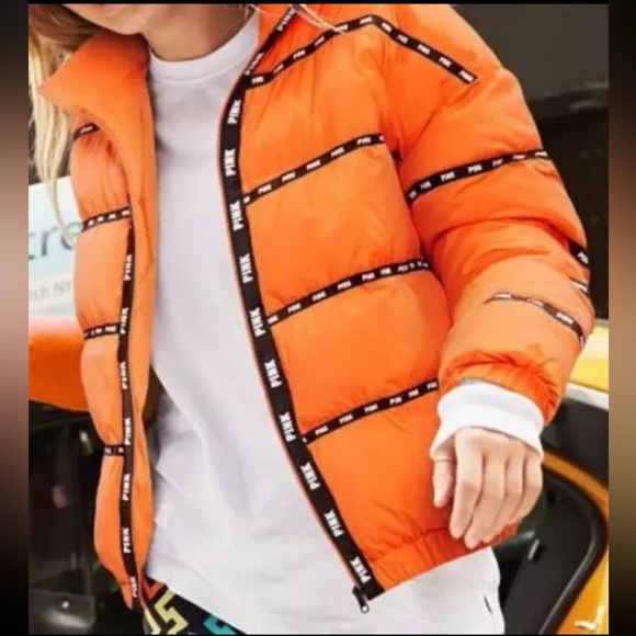 RARE HTF PINK VICTORIAS SECRET ORANGE LOGO 2018 FASHION SHOW PUFFER JACKET - Picture 2 of 11